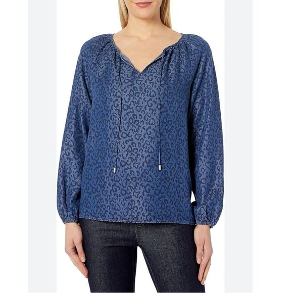 NYDJ Leopard Print Chambray Peasant Blouse Plus Size 2X Long Sleeve - Picture 1 of 8